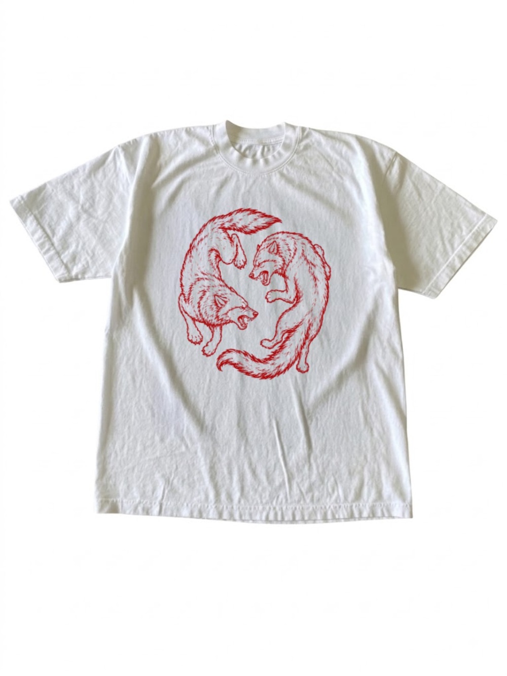 Twin Red Wolves Yin Yang White Nordic Nature Graphic T-Shirt